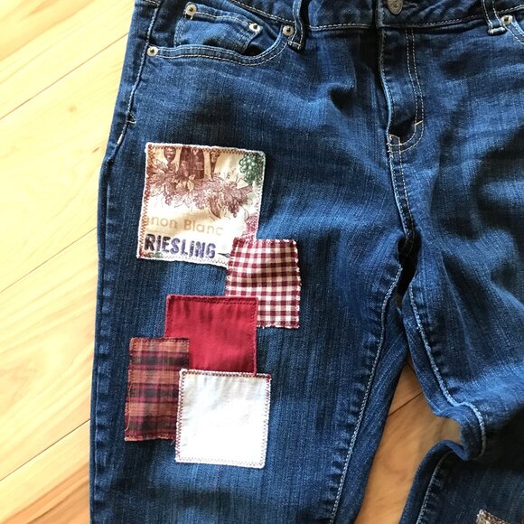 Upcycled Patched Jeans, 14 Junior: Handmade Patchwork Wine Theme Hippie Pants - Picture 6 of 11